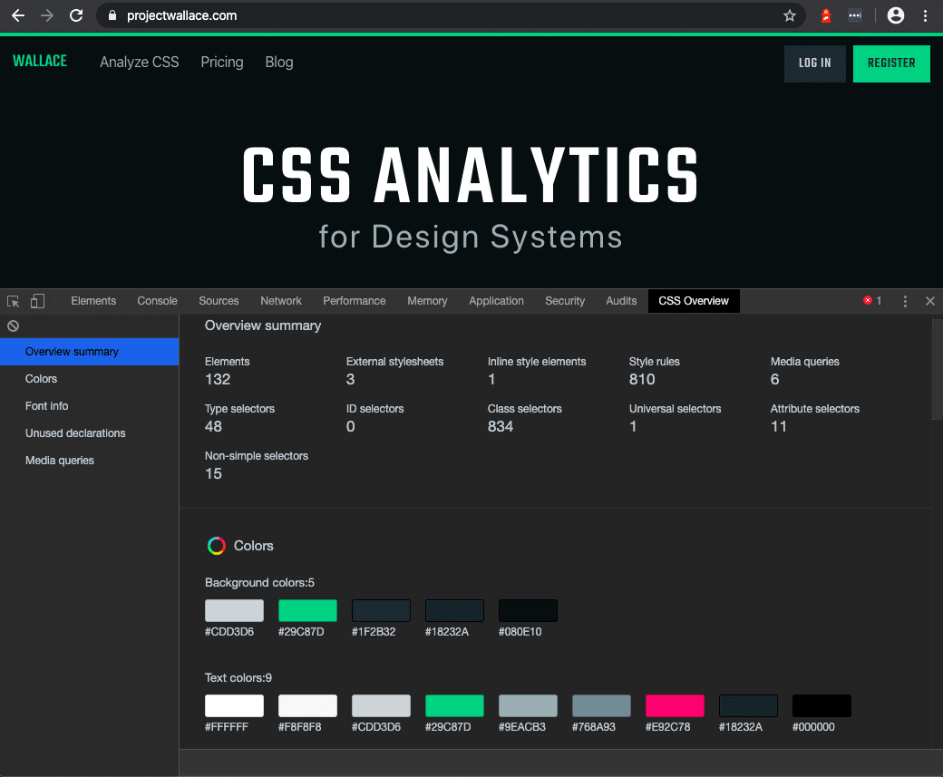 Chrome DevTools showing built-in CSS Analytics